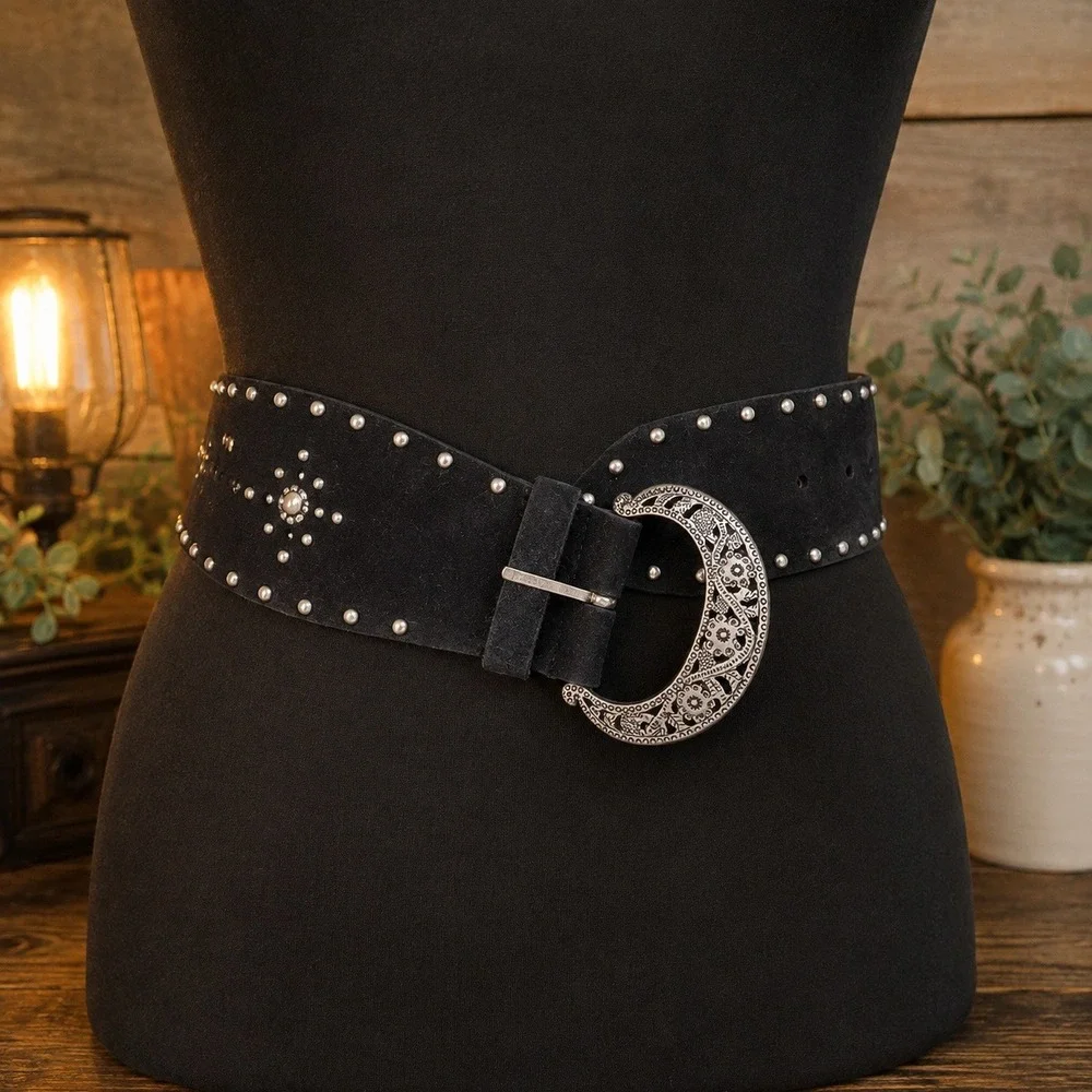 Black Suede Leather Studded Ornate Crescent Moon Floral Buckle Boho Western L